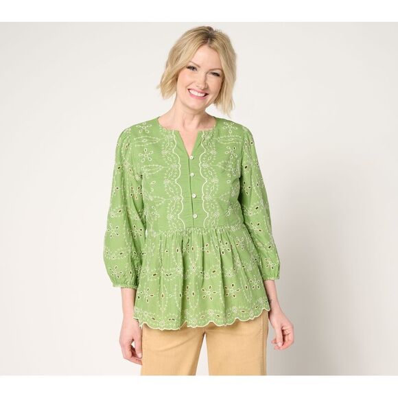 LOGO by Lori Goldstein Women's Top Plus Sz 3X 100% Cotton Eyelet Green A687803 - Picture 1 of 4